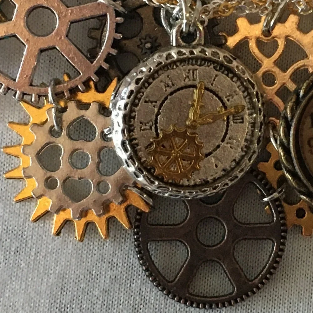 SOLD—Steampunk Handmade Steamer Mixed Metal Bib Necklace with Gears, Clocks - Picture 5 of 16